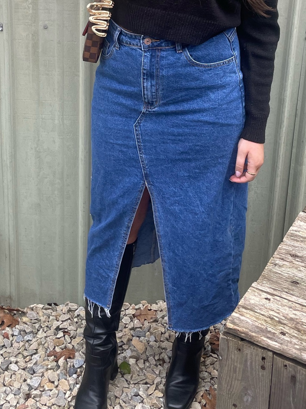 Classic Blue Denim Midi Skirt with Front Slit